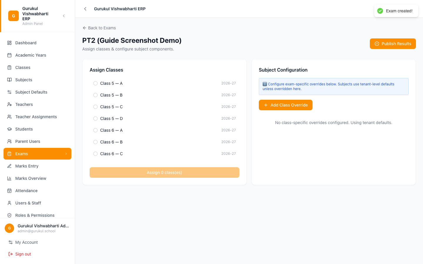 Exam setup page — Assign Classes and Subject Configuration panels